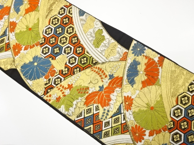 JAPANESE KIMONO / ANTIQUE FUKURO OBI / WOVEN KIKU & PAULOWNIA